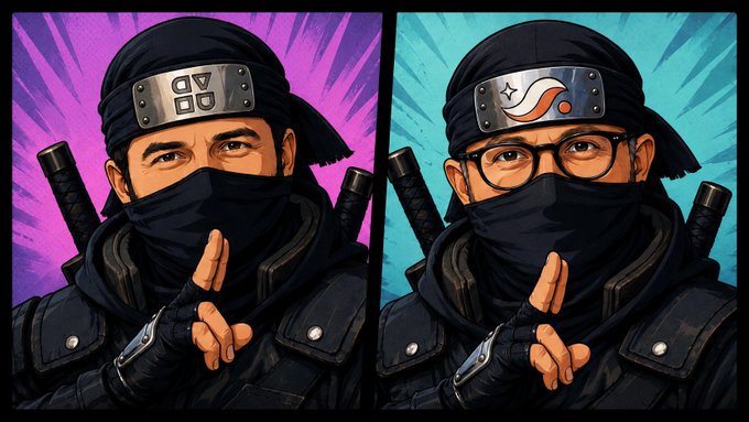 A side-by-side cartoon-style illustration of two ninja characters with headbands and face masks holding up two fingers, against purple and blue backgrounds.