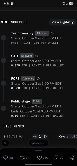 A mobile screenshot showing an NFT mint schedule on OpenSea with stages for Team Treasury, GTD, FCFS, and Public stage, with prices listed in ETH and a live mint value of $2,719.01.