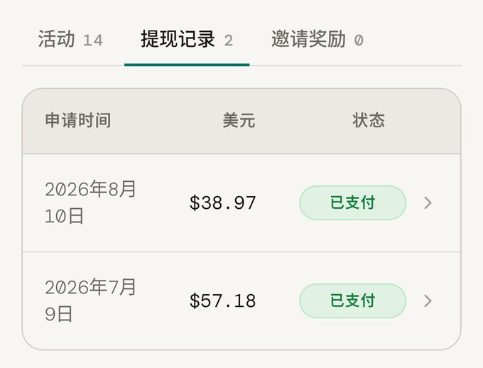 A withdrawal records page showing two paid (已支付) transactions: $38.97 on August 10, 2026, and $57.18 on July 9, 2026, under tabs for 活动, 提现记录, and 邀请奖励.