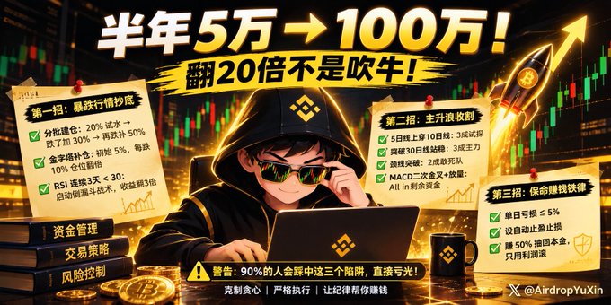 The image is a Chinese promotional graphic featuring a cartoon "Binance bro" in sunglasses and a hoodie, with bold text advertising a trading strategy to turn ¥50,000 into ¥1 million in half a year (20x return), outlining three steps: trend-following bottom-fishing, opening leverage, and fund management, while warning that 90% of people lose money following these traps. The accompanying post promotes the same get-rich-quick crypto trading strategy, emphasizing fund management over luck and promising to reveal "secrets" for massive returns.