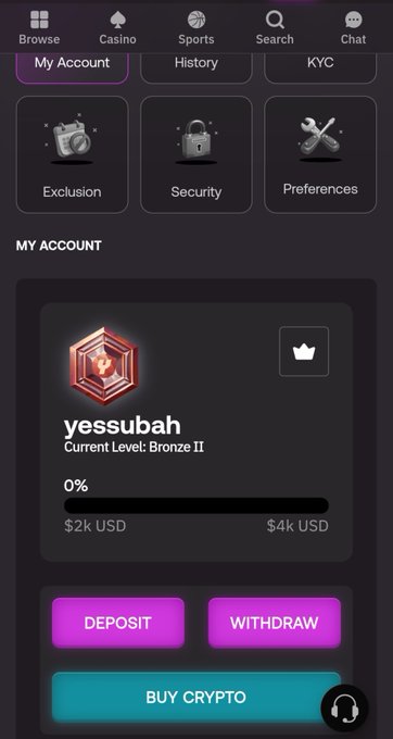 A mobile app screenshot of a 'My Account' page for a platform, showing options for Exclusion, Security, and Preferences, along with a user profile named 'yessubah' at 'Current Level: Bronze II' with deposit and withdraw buttons.