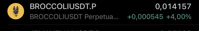 A trading interface displays the BROCCOLIUSDT.P perpetual futures ticker priced at 0.014157, showing a gain of +0.000545 (+4.00%), likely highlighting a featured trade or call-out for the user @Ryker_Crypto.