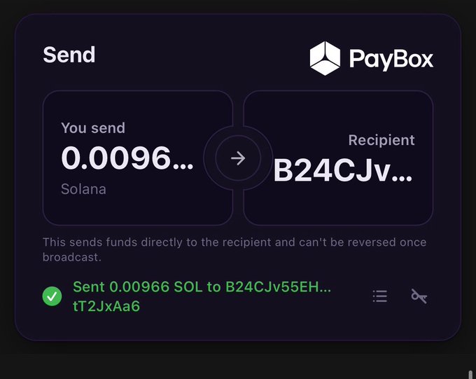 A screenshot of a 'PayBox' crypto transaction confirmation showing 'You send 0.0096... Solana' to a recipient address 'B24CJv...', with a green checkmark and confirmation text 'Sent 0.00966 SOL to B24CJv55EH...tT2JxAa6'.