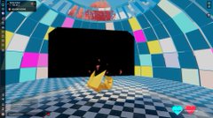 A screenshot from a video game showing a yellow character lying in a black void surrounded by a checkered blue, pink, and white tunnel.