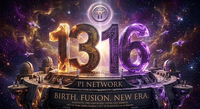 A cosmic-themed graphic announces the **Pi Network** countdown with large fiery "13" and crystalline "16" numerals, surrounded by floating spacecraft and observatory domes. Text reads "**PI NETWORK – BIRTH. FUSION. NEW ERA.** — FOOTNOTE: TWO IMPORTANT DATES, ONE MISSION: OCT 13: Node Update Deadline • OCT 16: Protocol 28 Live on Mainnet," visually reinforcing the post's message about the October 13 node upgrade deadline and October 16 mainnet launch.