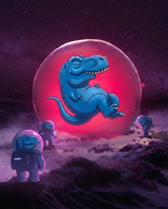 Three astronauts gaze up in awe at a massive, contented blue T-Rex floating serenely against a glowing pink moon, while the post hypes FEFER as a potential 1000x gem waiting in the shadows of hot projects like CashCat and Robinhood.