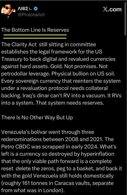 A screenshot of a tweet from @Prolotario1 discussing how the Clarity Act would allow the US Treasury to back digital and revalued currencies with physical gold reserves, using the Iraqi dinar and Venezuelan bolívar as examples of currencies requiring hard asset collateral for revaluation. The accompanying post enthusiastically celebrates this concept of asset and gold-backed revalued currencies.