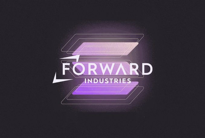 The logo of Forward Industries, reading "FORWARD INDUSTRIES," appears alongside a post announcing that the company ($FWDI) has become Solana's largest public treasury holder after adding 500,000 SOL, driving shares up 18%.