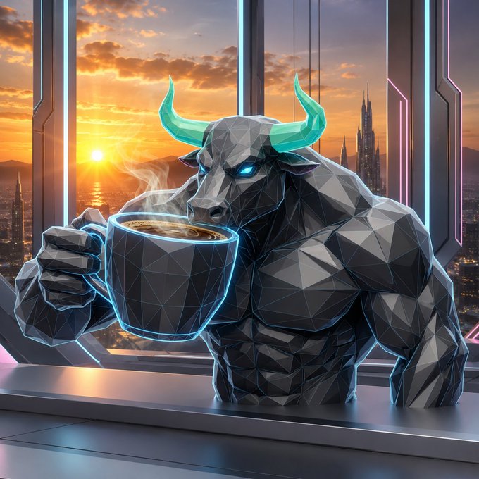 A low-poly digital art piece of a geometric black bull with glowing teal horns holding a steaming coffee mug, framed by neon-lit windows overlooking a sunset cityscape.