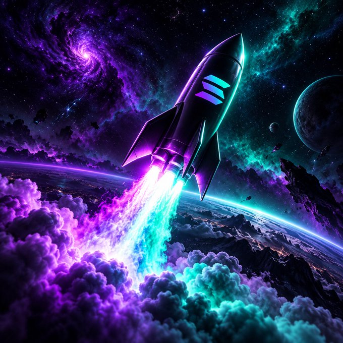 A digital illustration of a black rocket with a purple and cyan glowing exhaust trail launching into space, set against a backdrop of galaxies, planets, and a cloud-covered planet surface.