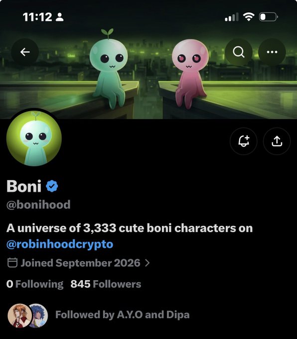A social media profile page for 'Boni' (@bonihood) showing two cute ghost-like characters in green and pink, describing 'A universe of 3,333 cute boni characters on @robinhoodcrypto' with 845 Followers.