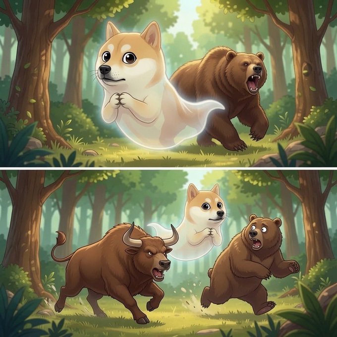 A two-panel cartoon illustration showing a Shiba Inu dog running from a brown bear in a forest, and in the bottom panel joined by a charging bull while the dog appears ghostly.