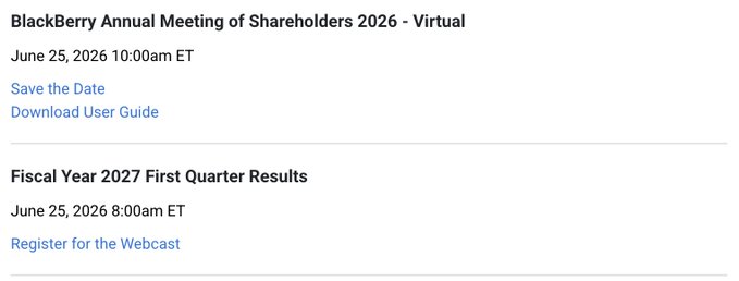 The image shows a screenshot of an email with two columns, one titled "Blackberry Annual Meeting of Shareholders 2016" and another titled "Blackberry Annual Meeting of Shareholders 2026". The emails are displayed against a gray background, making them stand out prominently. The text in both emails is white, which contrasts nicely with the gray background. The emails contain information about upcoming events or meetings for the company, as well as details on how to access these events and when they will take place.