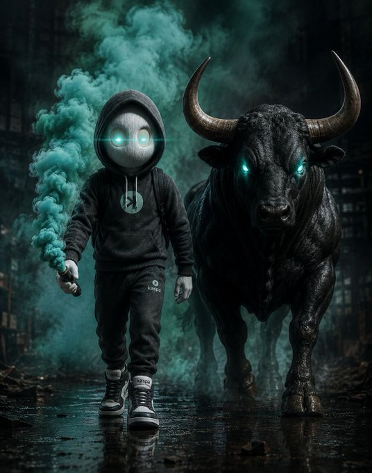 A hooded figure in dark clothing holds a glowing teal smoke flare beside a massive, horned black bull with luminescent eyes, walking forward through a wet, debris-strewn alley. The image evokes a rallying or charge—symbolizing bullish conviction—paired with the post's endorsement of $KAS as a long-term crypto hold awaiting institutional validation.