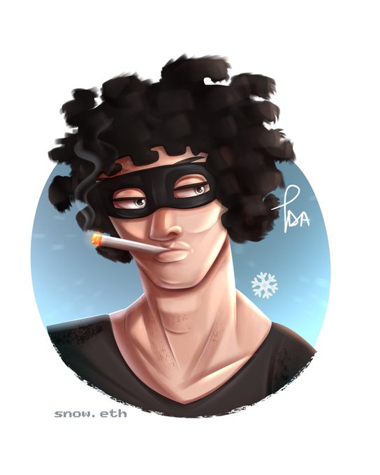 A digital art portrait of a character with curly black hair, a black eye mask, and a cigarette in mouth, signed 'PBA' with 'snow.eth' text below.