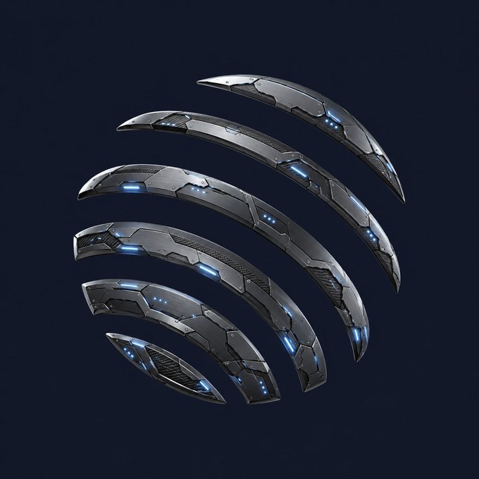 Six sleek, metallic curved blades with blue glowing accents and textured surfaces are arranged in an overlapping, fan-like pattern against a dark navy background, resembling futuristic scythe or talon-like weapons.

The image appears to be concept art from a sci-fi portfolio (linked via x.com/robostrategy), showcasing detailed 3D weapon designs with a high-tech, cyberpunk aesthetic.