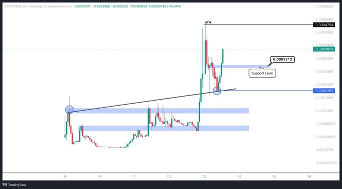 A TradingView 1-hour candlestick chart for the FATCAT/USDT pair on Pump.fun shows the token's price rallying to a new all-time high (ATH) of approximately $0.0004784 (highlighted with an arrow), currently trading around $0.0003859 (-18.34%), with technical analysis drawing a support level near $0.0003212 and an upward trendline connecting recent higher lows—confirming the post's bullish breakout narrative.