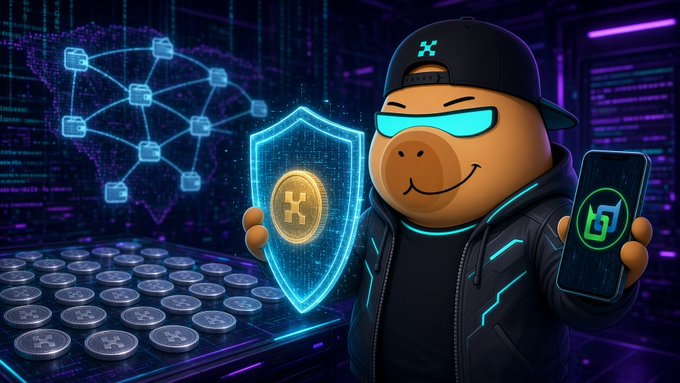 A stylized cartoon character wearing a black cap and glowing cyan sunglasses holds a transparent shield displaying a gold "K" coin emblem alongside a smartphone showing a green crypto icon, set against a neon background of blockchain network nodes, a world map, and rows of stacked coins. The image visualizes the post's theme of cryptocurrency transparency and traceability, with the shielded coin symbolizing hidden transactions while the open network nodes and stacks of coins represent the publicly visible on-chain trail that exposes wallet activity after events like airdrops.