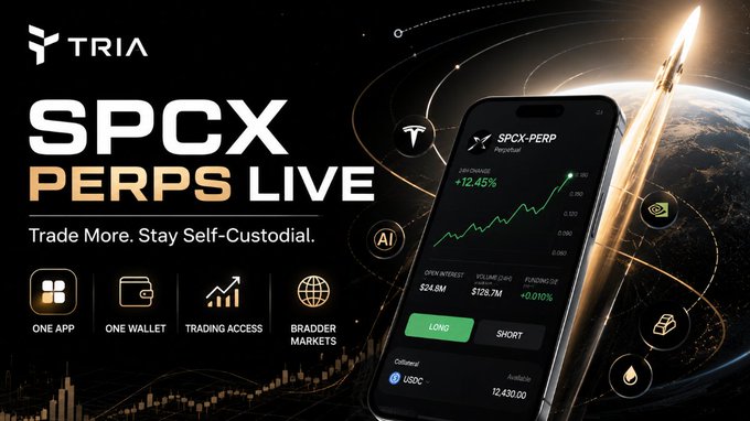 The image is an advertisement for a cryptocurrency trading app called "@useTria". The main focus of the image is a smartphone that has various icons displayed on its screen. One of these icons is related to SPCX perps live, which is a feature offered by this trading app. It provides information about market trends and asset values in real-time for different crypto assets, including Bitcoin (BTC). The app has been selected as the best of the Best Apps in categories such as Mobile, Education & Learning, Health, and Fitness, indicating that it offers valuable content to its users.
