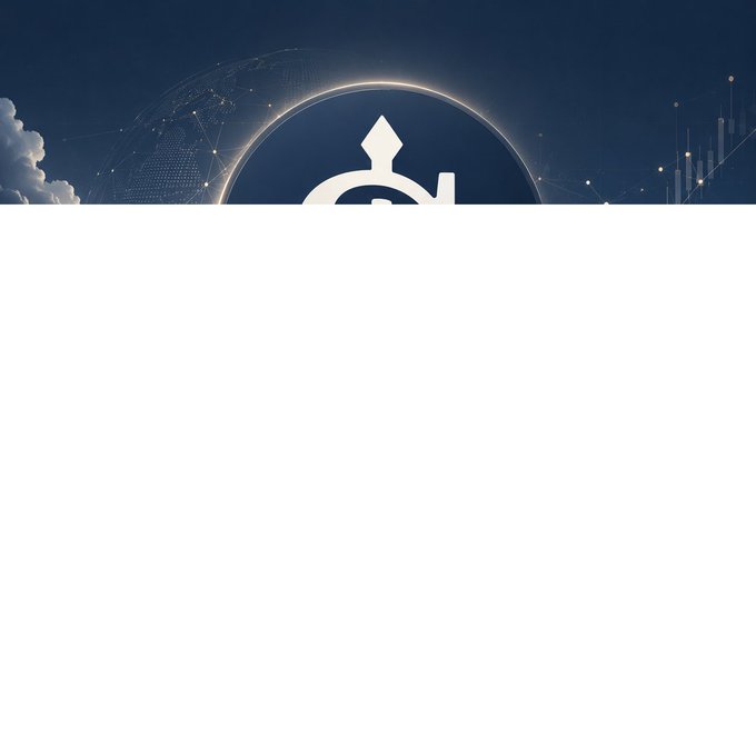 A dark blue graphic design featuring a partial logo or symbol with a glowing arc, a globe, clouds, and what appears to be a financial chart overlay.