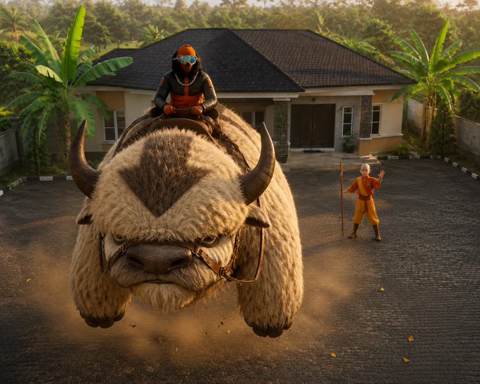 A 3D rendered image depicting a person riding a giant flying white buffalo, passing over a house driveway where an elderly woman in orange clothing stands with a walking stick.