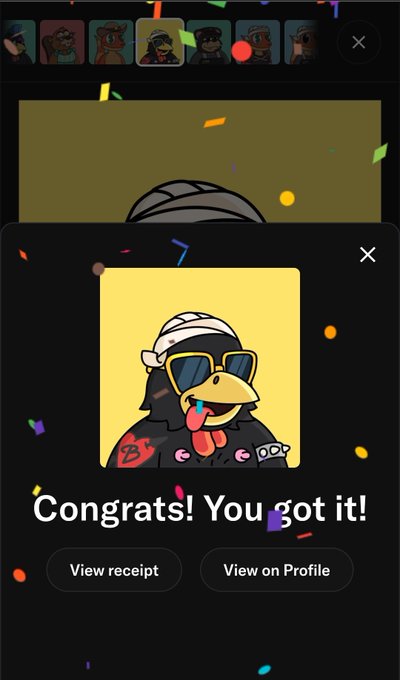 A digital collectible notification screen saying 'Congrats! You got it!' featuring a cartoon penguin character wearing sunglasses, with options to view receipt or profile.