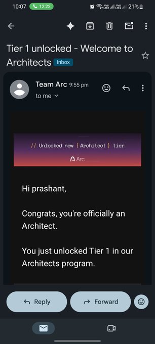 A mobile email screenshot from Gmail showing an inbox message titled 'Tier 1 unlocked – Welcome to Architects' from Team Arc, congratulating 'prashant' on unlocking Tier 1 in their Architects program.