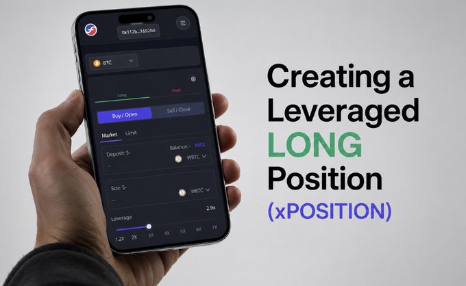 A hand holding a smartphone displaying a trading app interface with a Bitcoin market order screen, alongside the text 'Creating a Leveraged LONG Position (xPOSITION)'.