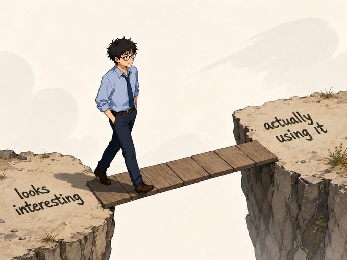 A businessman crosses a fragile wooden bridge from a cliff labeled "looks interesting" to another labeled "actually using it," illustrating the gap between curiosity about new technology and actual adoption.