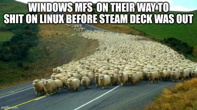 A meme image shows a massive flock of sheep stampeding down a road through a hilly landscape, with caption text reading 'WINDOWS MFS ON THEIR WAY TO SHIT ON LINUX BEFORE STEAM DECK WAS OUT' and an 'imgflip.com' watermark.
