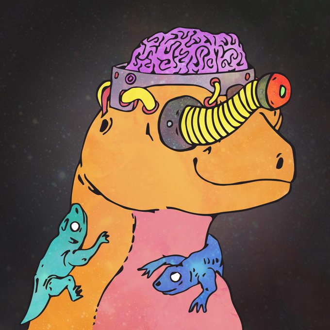 A whimsical cartoon illustration featuring an orange dinosaur-like creature with a brain in a jar on its head and a periscope, with small green and blue lizards climbing on its body against a starry space background.