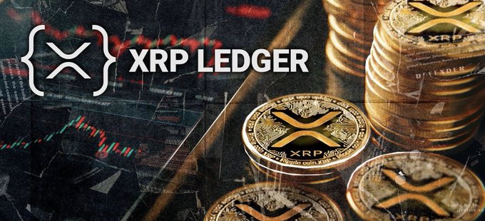 A stack of physical XRP coins alongside the XRP Ledger logo, set against a background of trading charts and market data, visually reinforcing the post's claim of surging daily transaction volume driven by institutional ETF demand, tokenized asset growth, and the expansion of the RLUSD stablecoin.