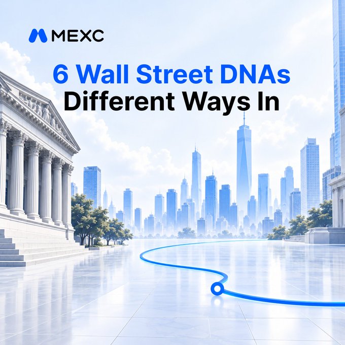 The image is a promotional graphic from MEXC featuring a sleek, modern cityscape with classical architecture columns on the left, blending Wall Street's traditional finance aesthetic with a futuristic blue-toned skyline, while a winding blue line leads the eye toward a city hub. The text reads "MEXC" with its logo at the top, followed by "6 Wall Street DNAs Different Ways In," tying into the post's theme of identifying different trader personalities ("Stock Way In") and inviting users to discover their trading DNA through the MEXC TradFi campaign at mexc.com/campaigns/disc.