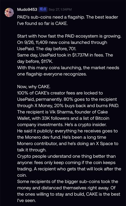 A tweet by @Mudo9453 discussing why PAID's sub-coins need a flagship, recommending CAKE due to ecosystem growth (11,409 new coins on 9/26) and its fee structure with founder Vik Sharma.