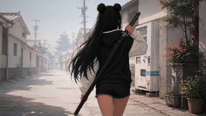 An anime-style illustration showing a girl with twin buns and a katana on her back walking down a street toward a pagoda.