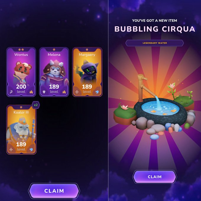The image shows two different screens, both displaying a game interface with various characters and items related to the Bubble Blowing Circus game. The first screen has three characters - a cat, a dog, and a bear - while the second screen features four characters - a cat, a dog, a bear, and a unicorn. Both screens show that the characters have claimed a legendary item called Bubbling Cirque, which is a magical water fountain in the game. The first character on each screen has a different level of claim, with one character having a higher claim than the others.