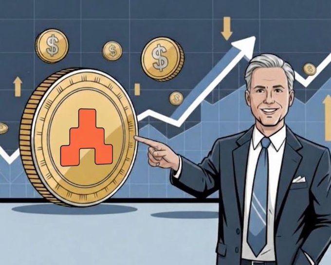 Illustration of a smiling businessman in a suit pointing at a large gold coin featuring the Avalanche (AVAX) logo, surrounded by smaller dollar coins and an upward-trending stock chart.