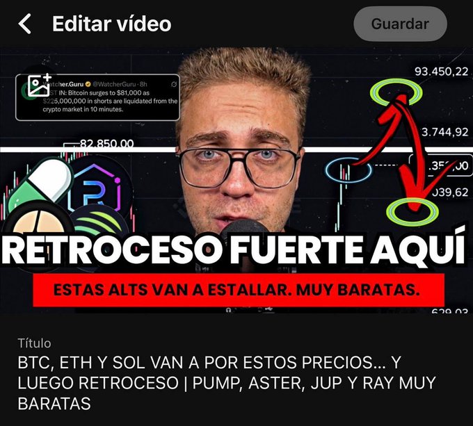 A YouTube thumbnail for a crypto analysis video in Spanish titled 'RETROCESO FUERTE AQUÍ' featuring a man speaking with Bitcoin and other altcoin logos.