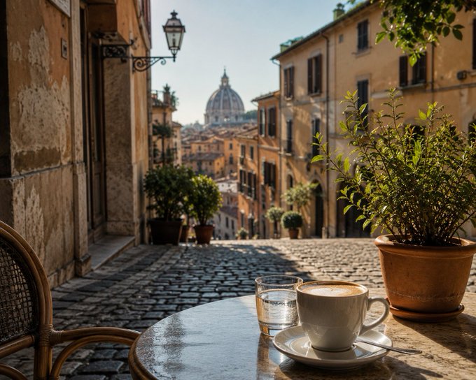 Café scene with a cappuccino and water glass on a marble table, overlooking a cobblestone Roman street with St. Peter's Basilica dome visible in the distance.