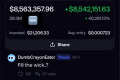 A screenshot of a DumBMCrayonEater Threads post featuring a trading dashboard displaying significant gains, with a portfolio value of $8,563,357.96 and an invested amount of $21,206.33, illustrating the poster's claim about building wealth through retail investing or trading.