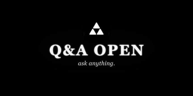 A minimalist black graphic with a white triangular logo and the text 'Q&A OPEN' with the tagline 'ask anything.'
