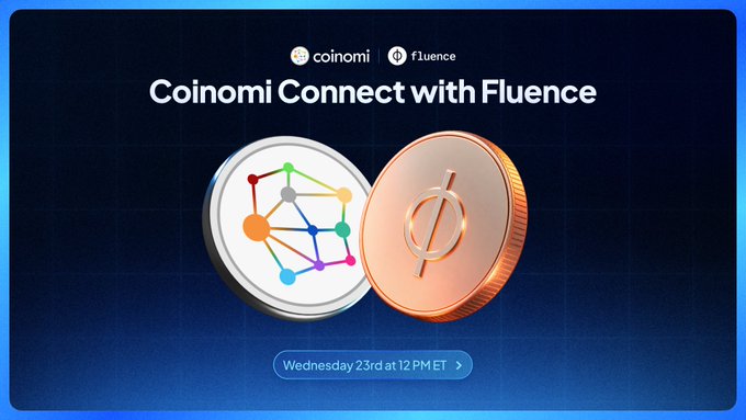 Promotional graphic for "Coinomi Connect with Fluence," featuring logos for both brands alongside two coin illustrations—a multicolored network node coin and a copper Ø coin—on a blue background, with the event date "Wednesday 23rd at 12PM ET" displayed at the bottom to advertise the Twitter Spaces discussion on Fluence's decentralized serverless infrastructure.