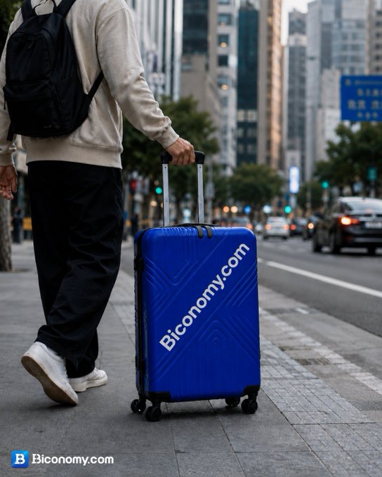 The image shows a person walking down a sidewalk carrying a blue suitcase that has "BICONOMY" written on it, which appears to be a travel company's logo. The background of the photo features tall buildings, indicating an urban setting. There is also text in the image that reads "GM Biconomy fam New day. New journey. New opportunities Whereve you go, your assets move with you safely #BICONOMY". This suggests that the person might be a traveler or someone who has recently returned from a trip and wants to share their experiences on social media platforms like Instagram.

The image also contains some text about GM Biconomy, which is likely related to the travel company featured in the suitcase. The presence of tall buildings in the background further supports the urban setting where the person is walking with their luggage.