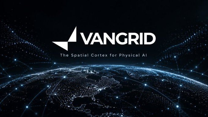 A digital banner for 'VANGRID' featuring their logo and the tagline 'The Spatial Cortex for Physical AI' over a glowing, networked globe.