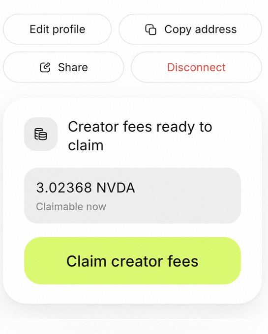 A mobile app interface showing 'Creator fees ready to claim' with 3.02368 NVDA available to claim, featuring buttons to edit profile, copy address, share, disconnect, and claim creator fees.