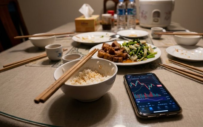 A dining table set with bowls of rice, chopsticks, and a plate of meat and vegetables, alongside a smartphone displaying a stock market chart.
