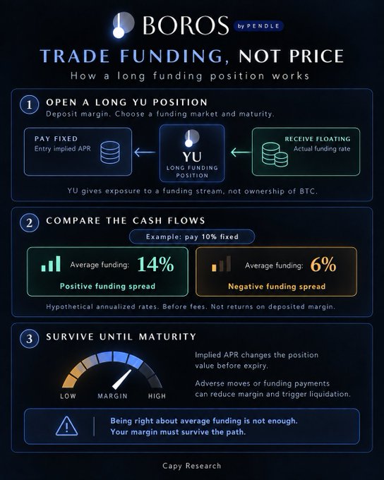 Infographic from Capy Research titled 'BOROS by PENDLE - TRADE FUNDING, NOT PRICE' explaining how a long funding position works, including opening a YU position, comparing cash flows, and surviving until maturity.