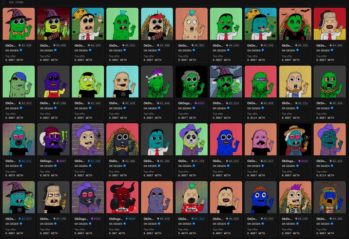 The image shows a grid filled with various cartoon characters, possibly from a website called OkCupid.com, representing different types of men and women, including various shades of green, purple, blue, and red faces. The layout features rows and columns, each filled with characters that are unique in their style or appearance.

The post reads: "i own about 6% of the entire ok degen collection. Ive given away over 200 for the start." This means the user is a part of a larger collection but has only gained access to a portion of it, most likely in exchange for a modest fee, such as $0.09 per character. The image focuses on showcasing this specific collection and its owner's interest or involvement with it.