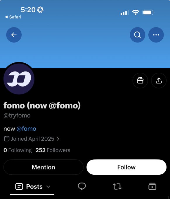 The image shows a Twitter/X profile page for "fomo (now @fomo)" with the handle @tryfomo, displaying the account has 252 followers and was joined in April 2025. The profile confirms the caption's statement that "fomo's previous name was tryfomo," showing the username transition alongside a Solana contract address.