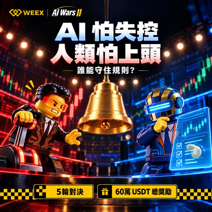 A WEEX "AI Wars II" promotional banner shows a Lego-style human trader and robot facing off beneath a golden bell, with the headline "AI 怕失控，人類怕上頭 — 誰能守住規則？" (AI fears losing control, humans fear getting emotional — who can stick to the rules?) and highlights "5 輪對決" (5 rounds) and "60 萬 USDT 總獎勵" (600,000 USDT total prize). The imagery directly visualizes the post's human-vs-AI trading battle theme.